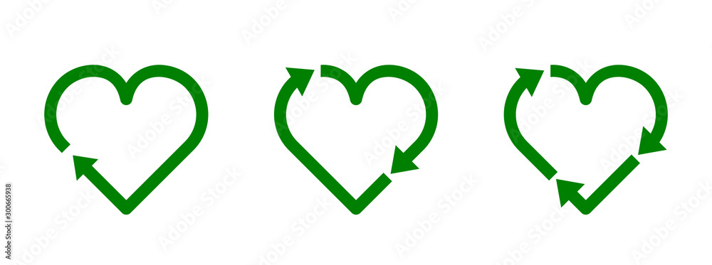 Recycle heart symbol set. Green heart shape recycle icon. Reload sign. Reuse, renew, recycling materials, concept. Eco friendly concept. Love the earth. Conscious consumerism. Vector illustration.  - obrazy, fototapety, plakaty 