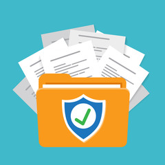 Poster - Document protection concept, secure data with paper documents and guard shield vector illustration
