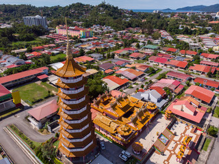 Sticker - Aerial view of Chinese Temple Peak Nam Toong Pagoda during Sunny day located in the city of Kota Kinabalu, Sabah, Malaysia.