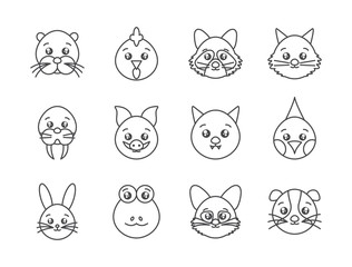 cute animals head cartoon icons set line style