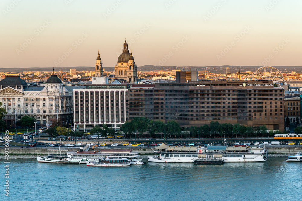 Budapest, Hungary - October 01, 2019: Budapest, Hungary, Intercontinental hotel on Danube river - obrazy, fototapety, plakaty 