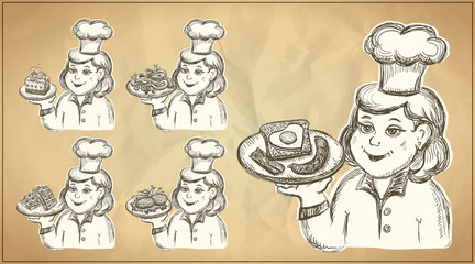 Wall Mural - Hand drawn set with cartoon chef cook portrait holding assorted dishes