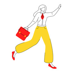 Fototapete - Female office worker flat contour vector illustration. Employee going to workplace, meeting. Woman in formal clothes with briefcase isolated faceless cartoon character on white background