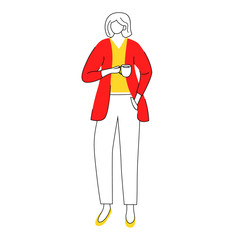 Fototapete - Female office worker flat contour vector illustration. Stylish business lady, elegant ceo. Employee during break. Woman in formal clothes with cup of coffee isolated faceless cartoon character