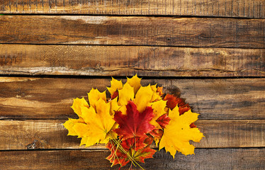 Wall Mural - autumn maple leaves bouquet on wooden table horizontal frame with copy space.