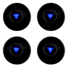 Set of four magic 8 balls with indecisively positive predictions isolated on white background