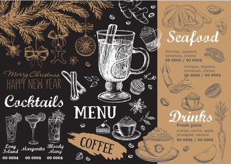 Happy New Year party. Christmas menu template. Hand drawn illustration	