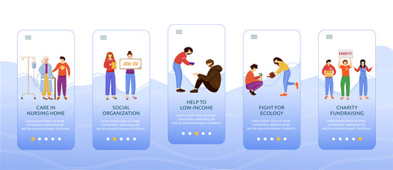 Poster - Voluntary work onboarding mobile app screen vector template. Charity activities, volunteering walkthrough website steps with flat characters. UX, UI, GUI smartphone cartoon interface concept