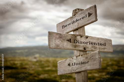 Fotomural Bewildered, disoriented unclear text on wooden signpost outdoors in the wilderness