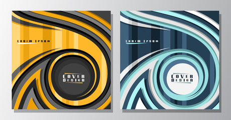 Wall Mural - Vector square futuristic Covers, 2 layouts with waves design elements on striped backdrop, abstract pattern and round copy space for ad text, trendy cover templates with dark and white background.