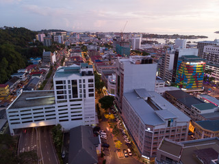 Kota Kinabalu cityscape aerial  photo with fisherman boat parking at Waterfront Kota Kinabalu. Kota Kinabalu is the capital of Malaysia’s Sabah state.