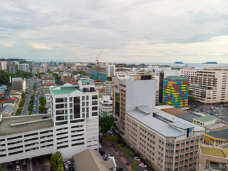 Sticker - Kota Kinabalu cityscape aerial  photo with fisherman boat parking at Waterfront Kota Kinabalu. Kota Kinabalu is the capital of Malaysia’s Sabah state.