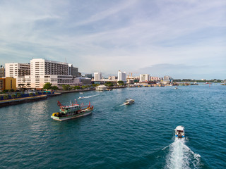 Sticker - Kota Kinabalu cityscape aerial  photo with fisherman boat parking at Waterfront Kota Kinabalu. Kota Kinabalu is the capital of Malaysia’s Sabah state.