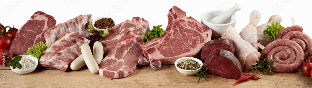 Large variety of fresh raw meat for a barbecue - obrazy, fototapety, plakaty 