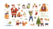 Christmas Celebration Vector Illustrations Set. Cute Animals With New Year Gifts Isolated Characters. Santa Claus, Girl Decorating Christmas Tree. Traditional Winter Holiday Symbols Bundle.