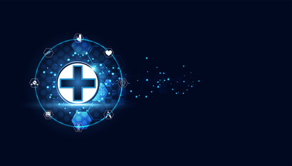Abstract blue vector illustration with a futuristic concept. Medical treatment consists of blue digital health plus, medical icons such as brain medicine, DNA, medical equipment.