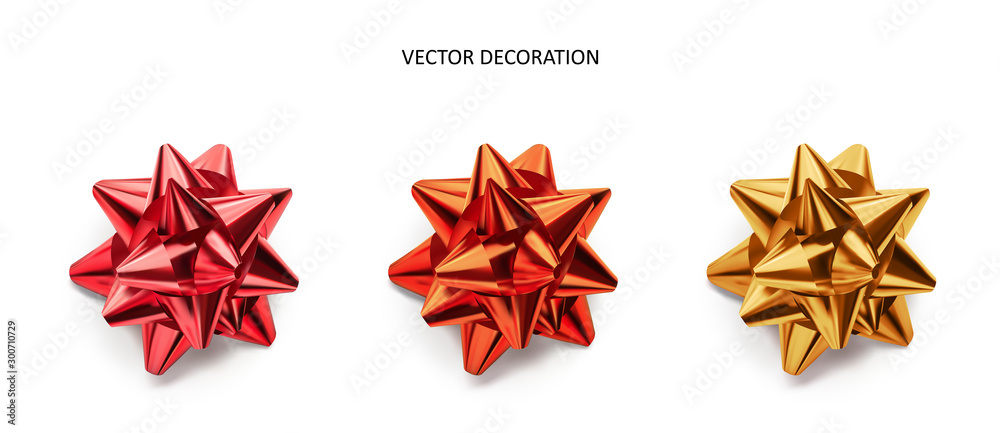 Set of bows pink, red and gold color metallic with shadow on isolated white background. Realistic vector decoration for holiday - obrazy, fototapety, plakaty 