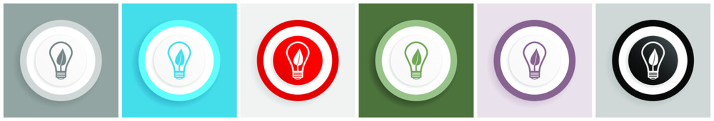 Leinwandbilder - Green energy light bulb icon set, colorful flat design vector illustrations in 6 options for web design and mobile applications