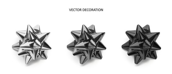 set of bows silver, grey and black color metallic with shadow on isolated white background.realistic