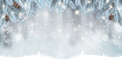 winter christmas background with landscape, snowflakes, light, stars. xmas and new year card. vector