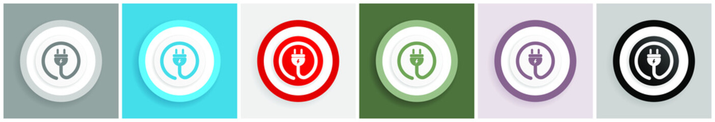 Leinwandbilder - Electric plug icon set, colorful flat design vector illustrations in 6 options for web design and mobile applications