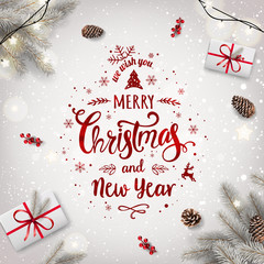 Wall Mural - white christmas background with silver fir branches, gift boxes, pine cones, garland of stars. xmas 