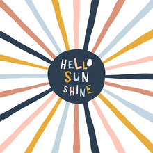 Colorful Childish Illustration With Sun And Text. Hello Sunshine Paper Cut Style Lettering. Typographic Print For Kids Nursery Design.