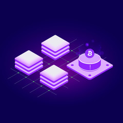 Aufkleber - Blockchain technology vector icon in modern dark neon colors design, cryptocurrency mining farm concept or secure storage vector concept for slider, landing with isometric blocks chain illustration
