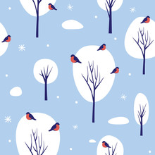 Seamless Pattern With Winter Nature On Blue Background. Snow-covered Trees And Bullfinches Showered With Snowflakes. Template For Use In Wrapping Paper Design, Textile, Packaging. Vector Illustration.