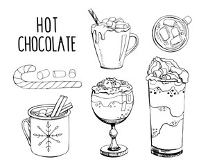 Set of hand drawn vector illustrations isolated on white. Hot chocolate with Christmas candy cane and marshmallow. Modern calligraphy. Clip art for winter holiday decorations. Black and white