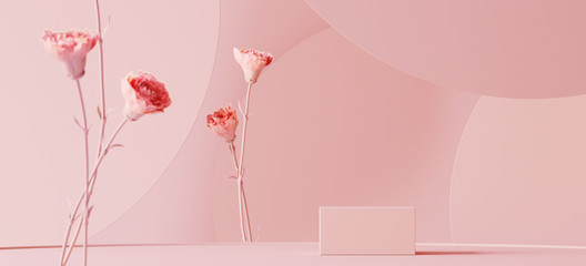 Poster - Background for cosmetic product branding, identity and packaging inspiration. Podium with pink carnations and pink circular geometry background. 3d rendering illustration.