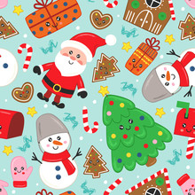 Seamless Pattern With Cute Christmas Characters And Other Elements   - Vector Illustration, Eps    