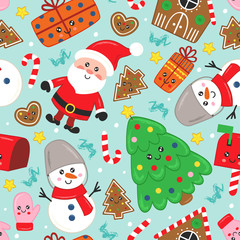 seamless pattern with cute christmas characters and other elements - vector illustration, eps