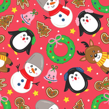 Seamless Pattern With Christmas Characters And Other Elements   - Vector Illustration, Eps    