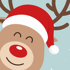 Poster - Reindeer red nosed cute close up cartoon with santa hat snowy background. Christmas card