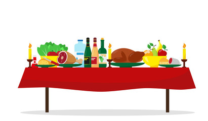 Christmas food on the table. Family holiday dinner table. Vector illustration.