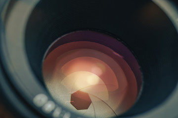 Aufkleber - Close up Beautiful Camera Lens with reflection  background. Macro view.