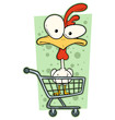 © GB_Art - Cartoon colorful funny cute crazy chicken with big eyes in supermarket cart. Isolated on white background. Vector icon.