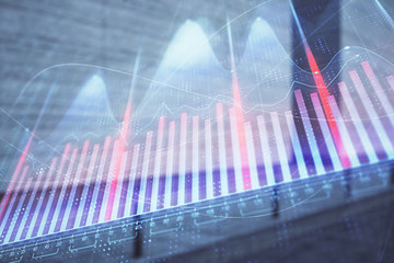 Double exposure of stock market graph on empty exterior background. Concept of analysis