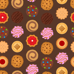 Wall Mural - Cartoon Color Round Cookies Seamless Pattern Background. Vector