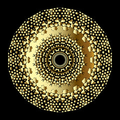 3d gold round dotted stipple mandala pattern. Ornamental surface geometric greek background. Gold floral ornament with greek key meanders circle textured ornament, dots, shapes. Abstract flower.