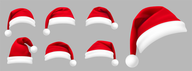 realistic set of red santa hats. new year red hat. - stock vector.