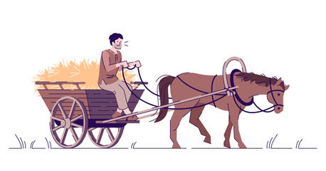 Sticker - Medieval peasant riding horse cart flat vector illustration. Farmer with animal isolated cartoon characters with outline elements on white background. Middle Age agriculture and farming