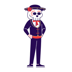 Sticker - Man wearing sugar scull face flat vector illustrations set. Cartoon character with outline elements isolated on white background. Dia de los Muertos celebration outfit. Mexican day of dead