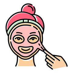 Sticker - Applying peel-off mask color icon. Skin care procedure. Facial beauty treatment. Face product for lifting and exfoliating effect. Dermatology, cosmetics, makeup. Isolated vector illustration