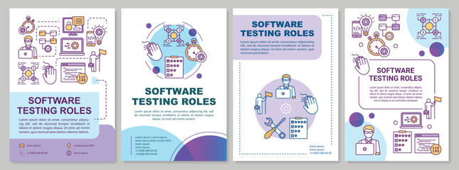 Software testing roles brochure template. IT analysts. Flyer, booklet, leaflet print, cover design with linear illustrations. Vector page layouts for magazines, annual reports, advertising posters