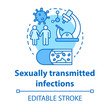 Sexually transmitted infections concept icon. STIs idea thin line illustration. Venereal diseases. Bacterias, viruses screening. Unprotected sex. Vector isolated outline drawing. Editable stroke
