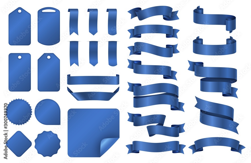Blue ribbons. Wrapping silk ribbon banners and price tag badges vector ...