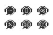 Set of six online support icons. Variation of chat, bot, call, help, error and question icons. Vector illustartion.