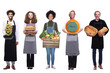 Group of people with food in front of a white background 